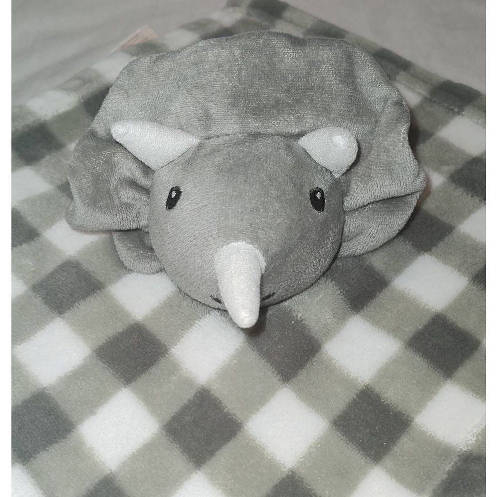 Lila & Jack Triceratops Security Blanket Dinosaur Lovey Gray White Plaid Rattle